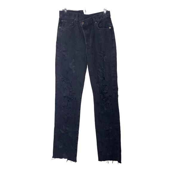 Agolde Distressed Criss Cross Jeans Black Women 26 Offset Button Closure - Picture 9 of 15